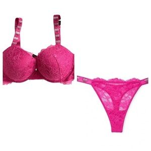Victoria's Secret Fuchsia Lace Bra & Thong Set Push Up Sparkle Heart 38c XL